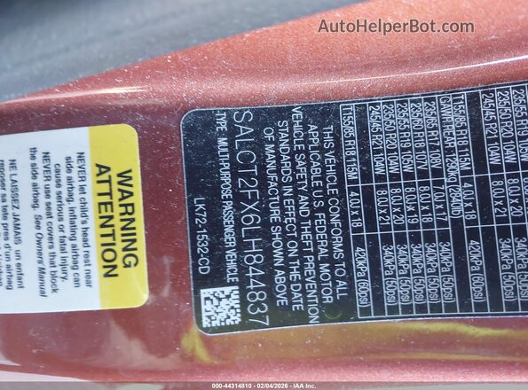 SALCT2FX6LH844837 2020 LAND ROVER DISCOVERY SPORT Оранжевый Вид подкапотного пространства