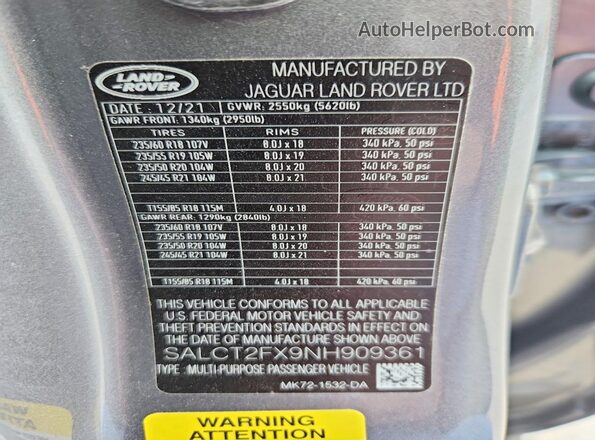 SALCT2FX9NH909361 2022 LAND ROVER DISCOVERY Серый Панорамный вид салона 360°