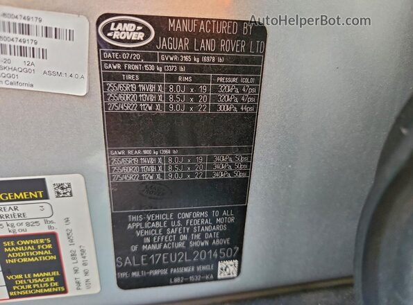 SALE17EU2L2014507 2020 LAND ROVER DEFENDER Silver Widok naklejki z numerem VIN