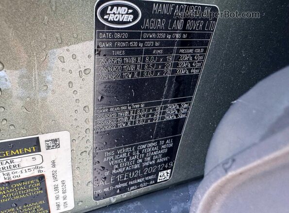 SALE1EEU2L2021249 2020 LAND ROVER DEFENDER Зеленый Панорамный вид салона 360°
