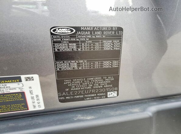 SALE27EU7R2301508 2024 LAND ROVER DEFENDER Silver Vista de la etiqueta del VIN