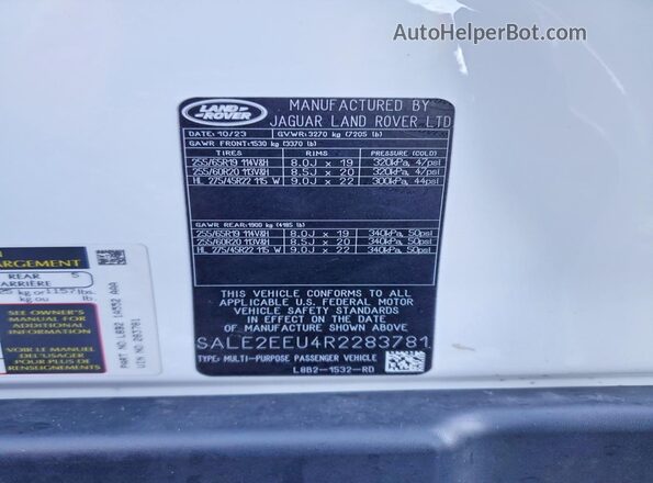 SALE2EEU4R2283781 2024 LAND ROVER DEFENDER Белый Вид подкапотного пространства