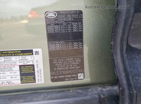 SALE37RU6M2037603 2021 LAND ROVER DEFENDER Green VIN sticker view