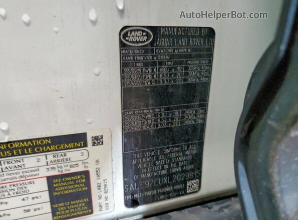 SALE97EUXL2029815 2020 LAND ROVER DEFENDER Белый Панорамный вид салона 360°