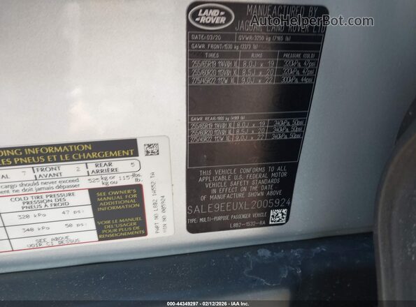 SALE9EEUXL2005924 2020 LAND ROVER DEFENDER Серебряный Вид подкапотного пространства
