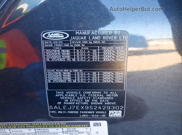 SALEJ7EX9S2429302 2025 LAND ROVER DEFENDER Серый Вид наклейки с VIN-кодом