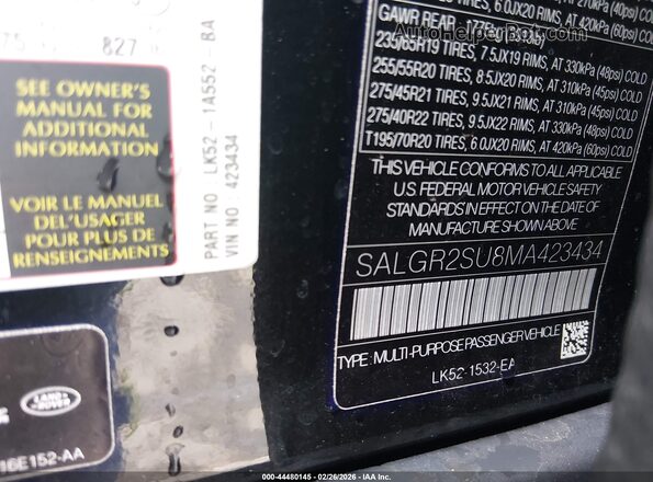 SALGR2SU8MA423434 2021 LAND ROVER RANGE ROVER Black Widok komory silnika
