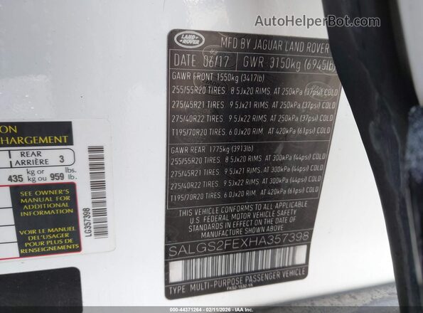 SALGS2FEXHA357398 2017 LAND ROVER RANGE ROVER White Widok komory silnika