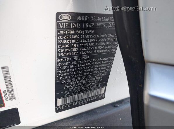 SALGS2FK0HA329535 2017 LAND ROVER RANGE ROVER White Vista del compartimento del motor