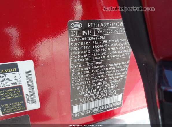 SALGS2PF3GA314284 2016 LAND ROVER RANGE ROVER  Widok komory silnika