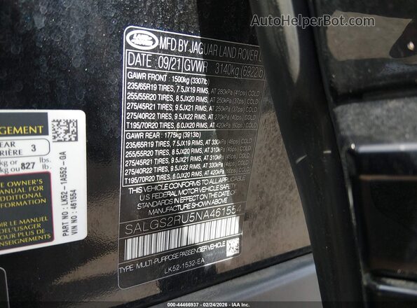 SALGS2RU5NA461554 2022 LAND ROVER RANGE ROVER Black Widok komory silnika