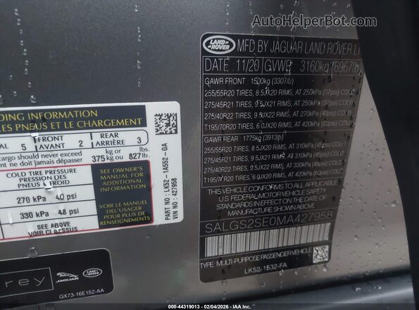SALGS2SE0MA427958 2021 LAND ROVER RANGE ROVER Gray Vista del compartimento del motor