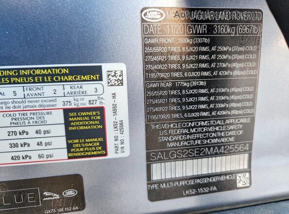 SALGS2SE2MA425564 2021 LAND ROVER RANGE Gray Vista interior de 360 grados