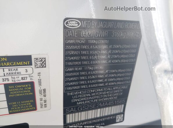 SALGS2SE2MA451565 2021 LAND ROVER RANGE ROVER White Widok komory silnika