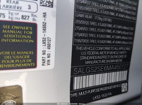 SALGS2SE6MA450127 2021 LAND ROVER RANGE ROVER Silver ძრავის განყოფილების ხედი