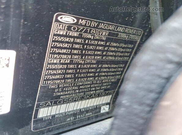 SALGS5RE3KA518775 2019 LAND ROVER RANGE Black VIN կոդի պիտակի տեսք