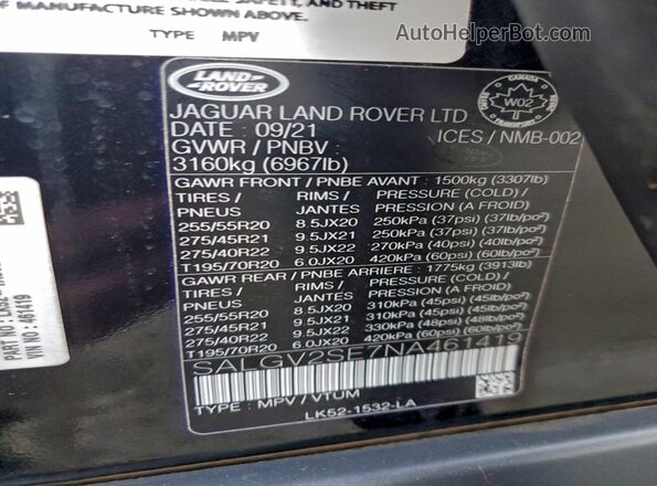 SALGV2SE7NA461419 2022 LAND ROVER RANGE Black Vista interior de 360 grados
