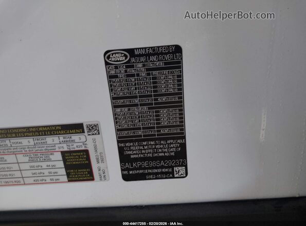 SALKP9E98SA292373 2025 LAND ROVER RANGE ROVER White Widok komory silnika