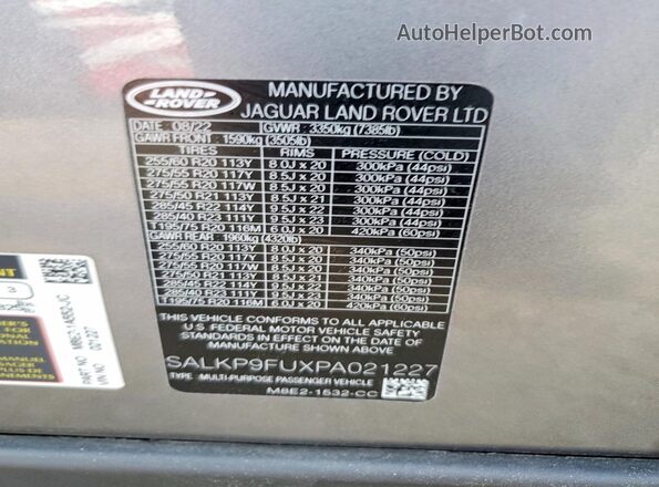 SALKP9FUXPA021227 2023 LAND ROVER RANGE Silver Widok naklejki z numerem VIN