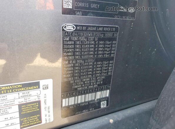 SALRG2RV6K2407351 2019 LAND ROVER DISCOVERY Gray Widok naklejki z numerem VIN