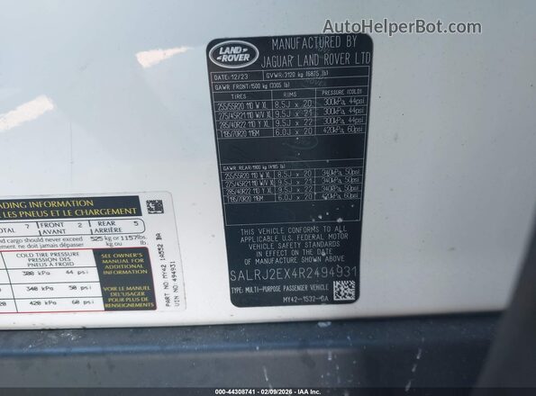 SALRJ2EX4R2494931 2024 LAND ROVER DISCOVERY Белый Вид подкапотного пространства