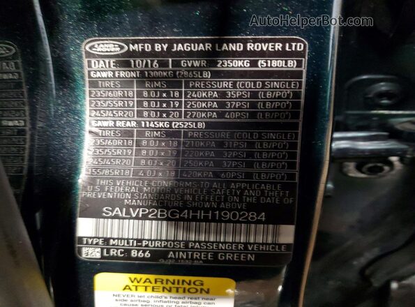 SALVP2BG4HH190284 2017 LAND ROVER RANGE Зеленый Вид подкапотного пространства