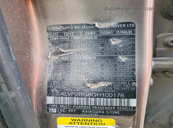 SALVP2BG8GH100178 2016 LAND ROVER RANGE Желто-коричневый Вид наклейки с VIN-кодом