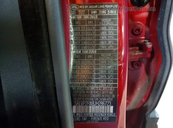 SALVP2RX8JH286723 2018 LAND ROVER RANGE Красный Вид наклейки с VIN-кодом