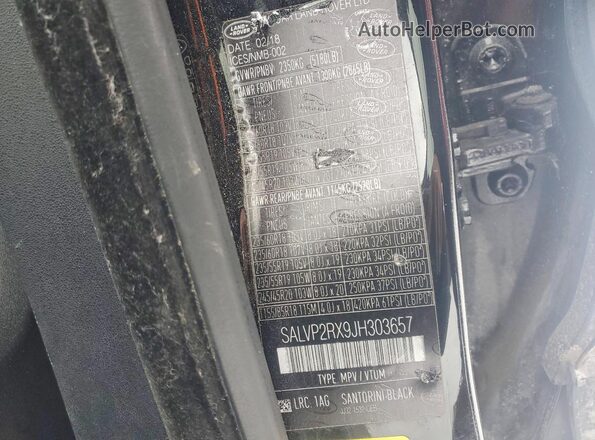 SALVP2RX9JH303657 2018 LAND ROVER RANGE Черный Вид наклейки с VIN-кодом