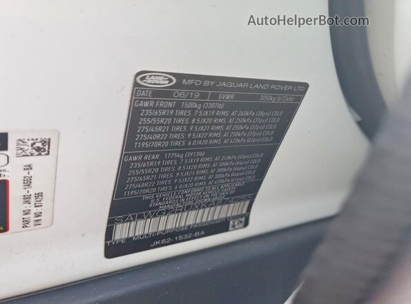 SALWG2RUXKA874255 2019 LAND ROVER RANGE White Vista de la etiqueta del VIN