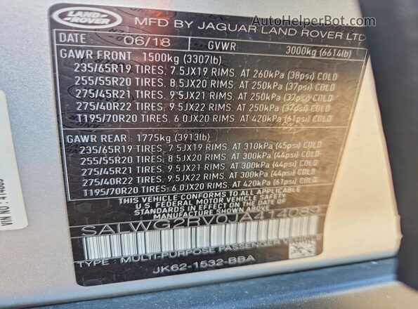 SALWG2RV0JA414089 2018 LAND ROVER RANGE Серебряный Панорамный вид салона 360°