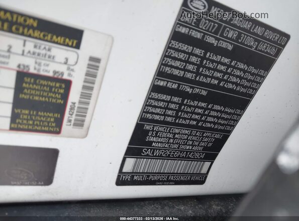 SALWR2FE6HA142804 2017 LAND ROVER RANGE ROVER SPORT White Vista del compartimento del motor
