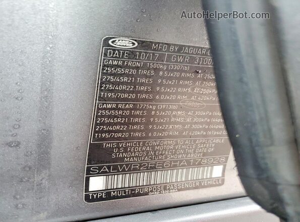 SALWR2FE6HA178928 2017 LAND ROVER RANGE Charcoal Vista de la etiqueta del VIN