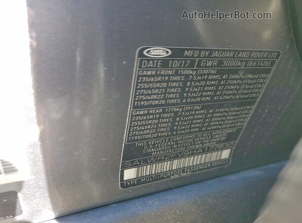 SALWR2FV9HA177630 2017 LAND ROVER RANGE Gray Vista de la etiqueta del VIN