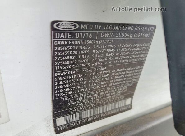 SALWR2KF1GA577338 2016 LAND ROVER RANGE Белый Вид наклейки с VIN-кодом