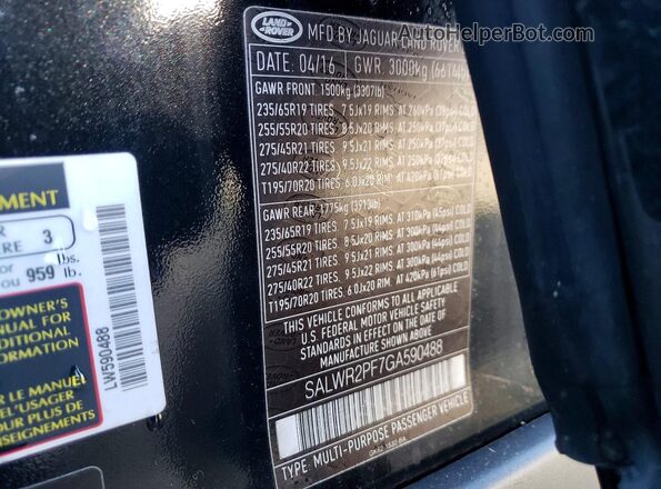SALWR2PF7GA590488 2016 LAND ROVER RANGE Черный Вид наклейки с VIN-кодом