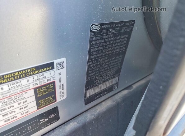 SALWR2RK5KA853466 2019 LAND ROVER RANGE Silver Vista de la etiqueta del VIN