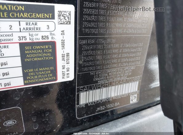 SALWR2RU4KA870289 2019 LAND ROVER RANGE ROVER SPORT Черный Вид подкапотного пространства