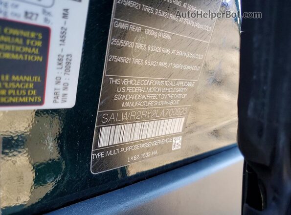 SALWR2RY2LA700923 2020 LAND ROVER RANGE Зеленый Вид наклейки с VIN-кодом