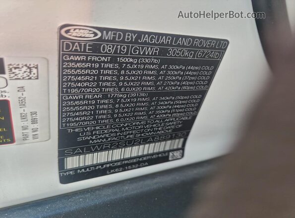 SALWR2SU2LA889130 2020 LAND ROVER RANGE Белый Вид наклейки с VIN-кодом
