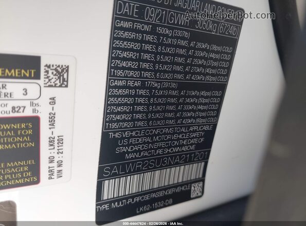 SALWR2SU3NA211201 2022 LAND ROVER RANGE ROVER SPORT Черный Вид подкапотного пространства