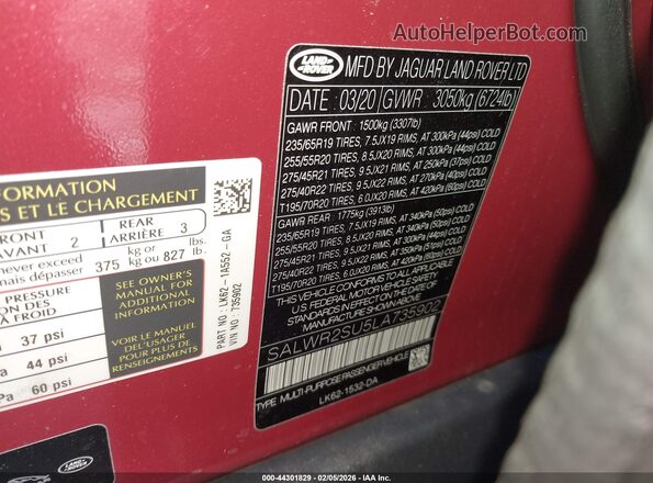 SALWR2SU5LA735902 2020 LAND ROVER RANGE ROVER SPORT Красный 