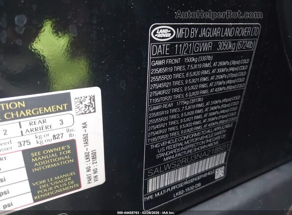 SALWS2RU3NA218501 2022 LAND ROVER RANGE ROVER SPORT Black Widok komory silnika