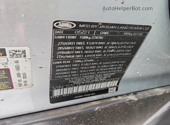 SALWZ2RE2NA202424 2022 LAND ROVER RANGE Gray Вид наклейки з VIN-кодом