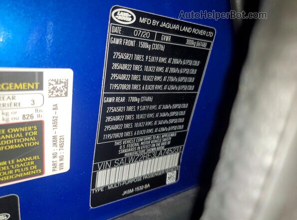 SALWZ2RE3LA745231 2020 LAND ROVER RANGE Blue Widok komory silnika