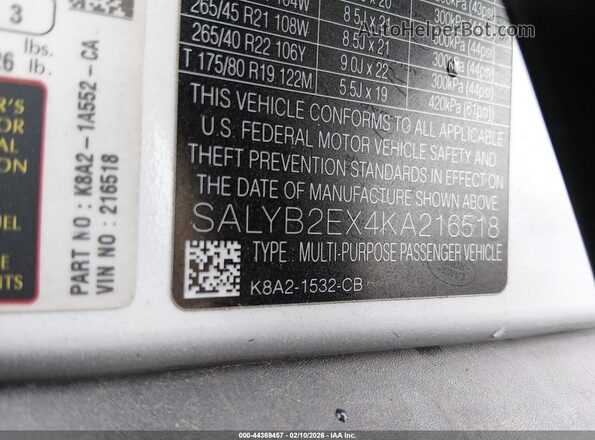 SALYB2EX4KA216518 2019 LAND ROVER RANGE ROVER VELAR White Vista del compartimento del motor