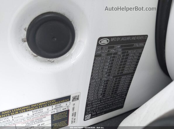 SALYB2FV1KA225626 2019 LAND ROVER RANGE ROVER VELAR White Widok komory silnika