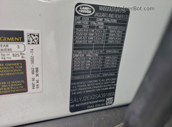 SALYJ2EX2SA391868 2025 LAND ROVER RANGE White Widok naklejki z numerem VIN