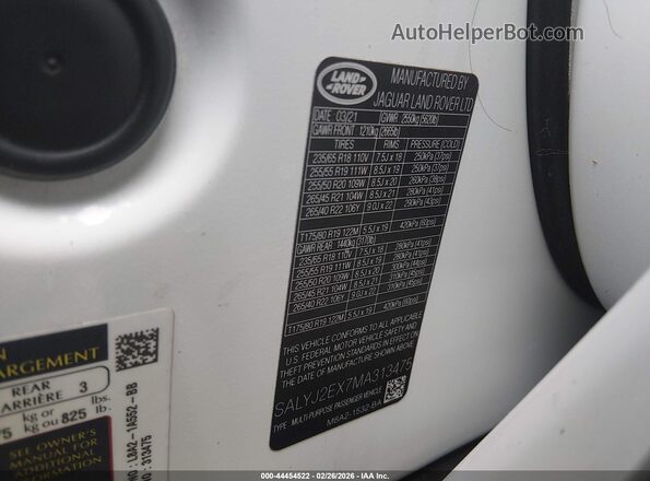 SALYJ2EX7MA313475 2021 LAND ROVER RANGE ROVER VELAR White Vista del compartimento del motor