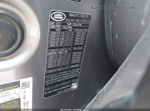 SALYJ2EX8MA317602 2021 LAND ROVER RANGE ROVER VELAR Silver Engine compartment view